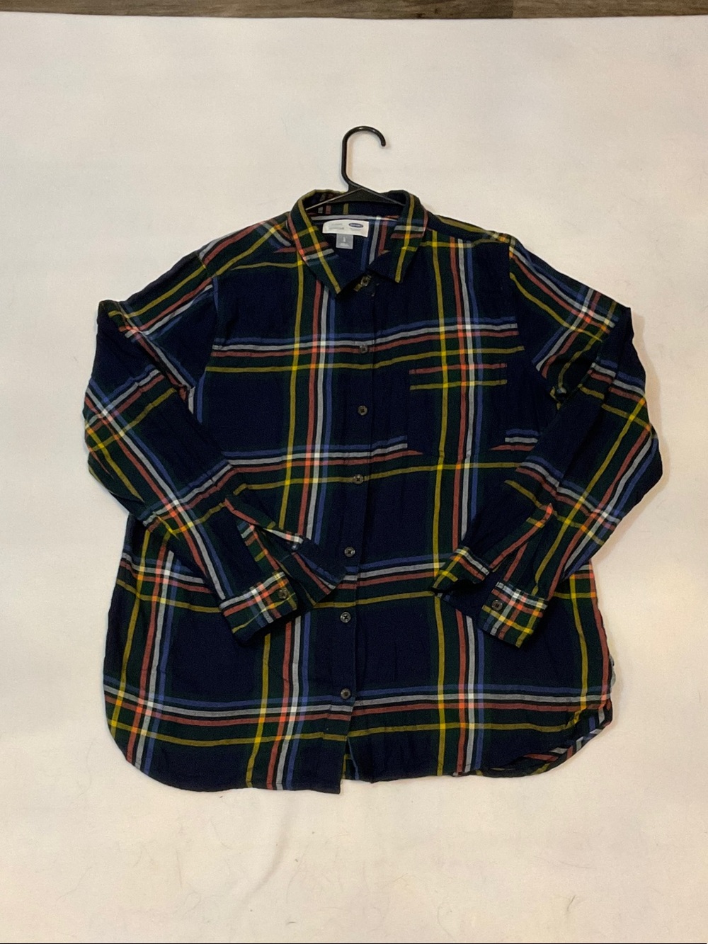 Old Navy Navy Plaid Button-Up Shirt with Blue, Yellow & Red Stripes